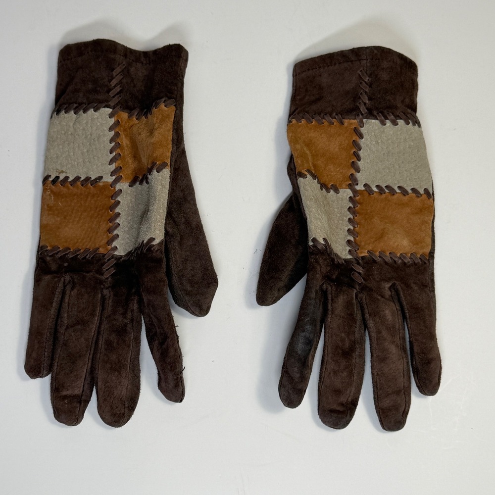 Vintage Faux Suede Gloves Orvis Womens One Size Patchwork Brown Boho Western